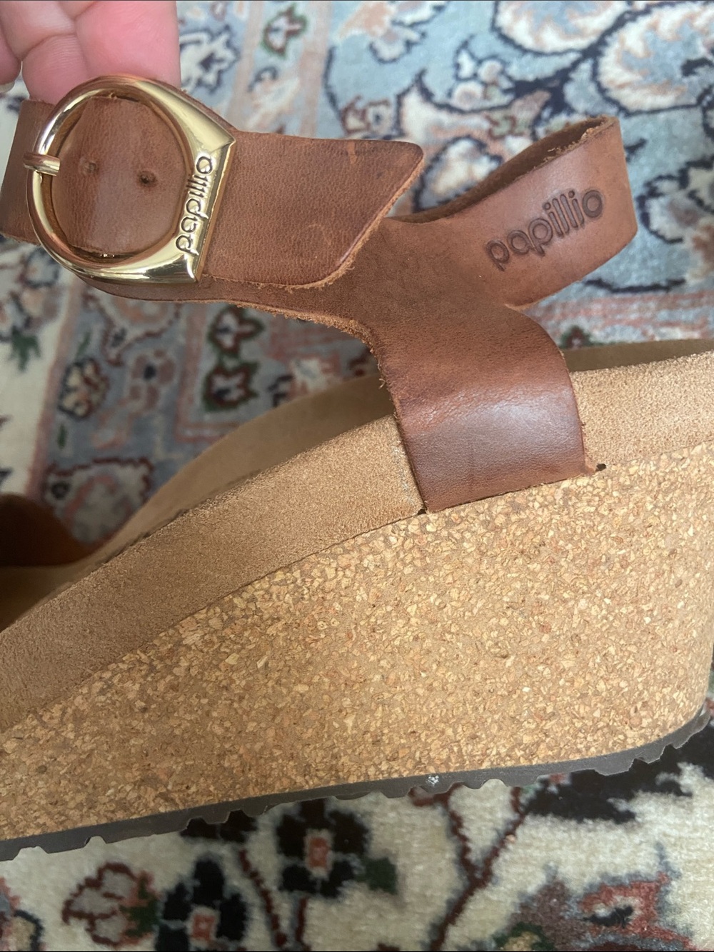 Birkenstock Papillio Soley Buckle Cork Wedge Sandal size 7 in Cognac - Picture 9 of 11
